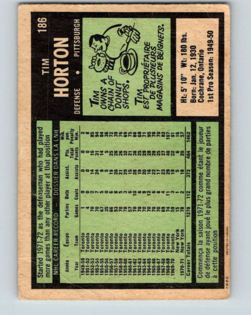 1971-72 O-Pee-Chee #186 Tim Horton  Pittsburgh Penguins  V9543