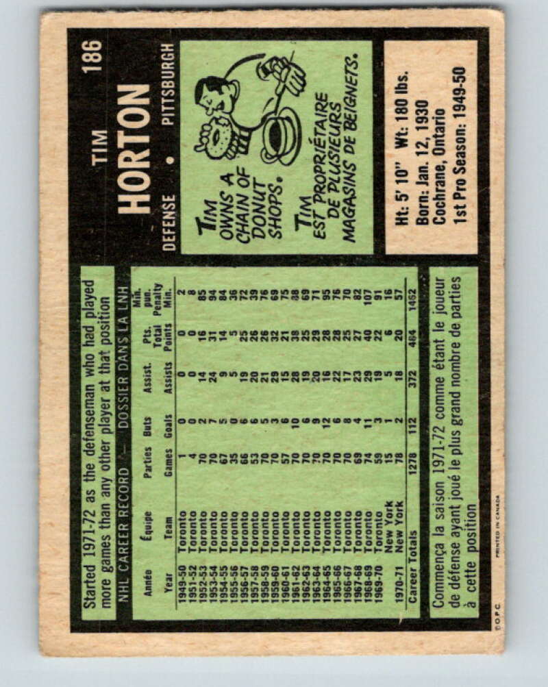 1971-72 O-Pee-Chee #186 Tim Horton  Pittsburgh Penguins  V9544