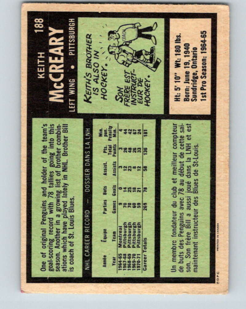 1971-72 O-Pee-Chee #188 Keith McCreary  Pittsburgh Penguins  V9551