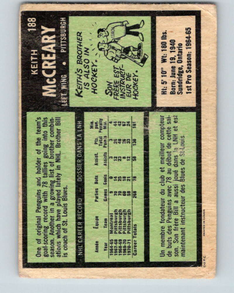 1971-72 O-Pee-Chee #188 Keith McCreary  Pittsburgh Penguins  V9552