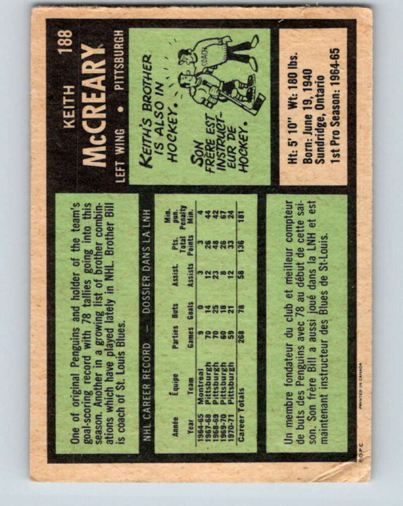 1971-72 O-Pee-Chee #188 Keith McCreary  Pittsburgh Penguins  V9553