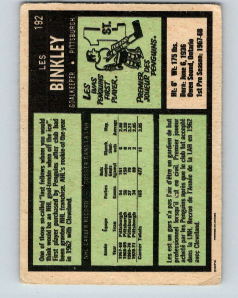 1971-72 O-Pee-Chee #192 Les Binkley  Pittsburgh Penguins  V9572