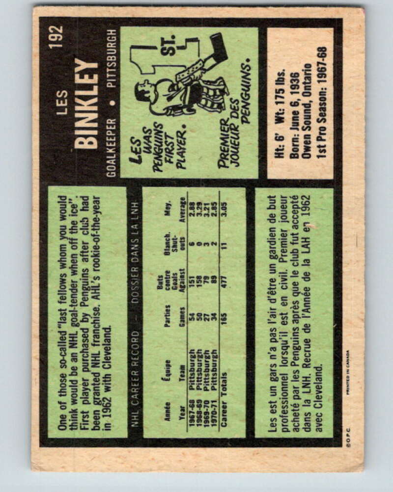 1971-72 O-Pee-Chee #192 Les Binkley  Pittsburgh Penguins  V9573