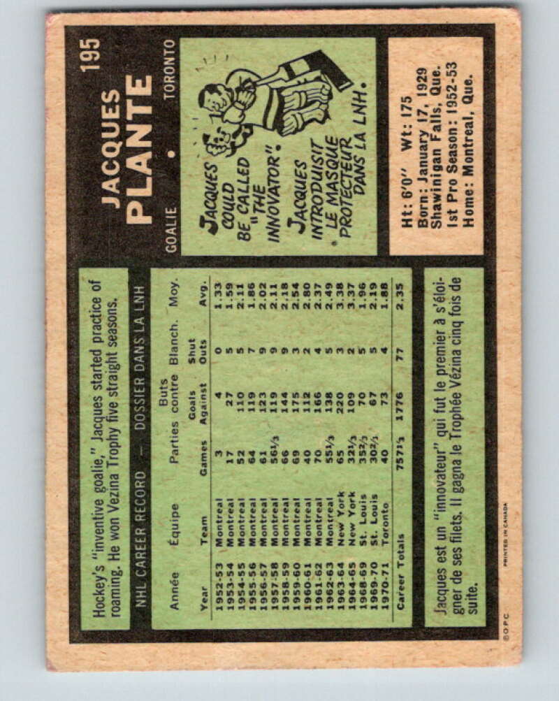 1971-72 O-Pee-Chee #195 Jacques Plante  Toronto Maple Leafs  V9585