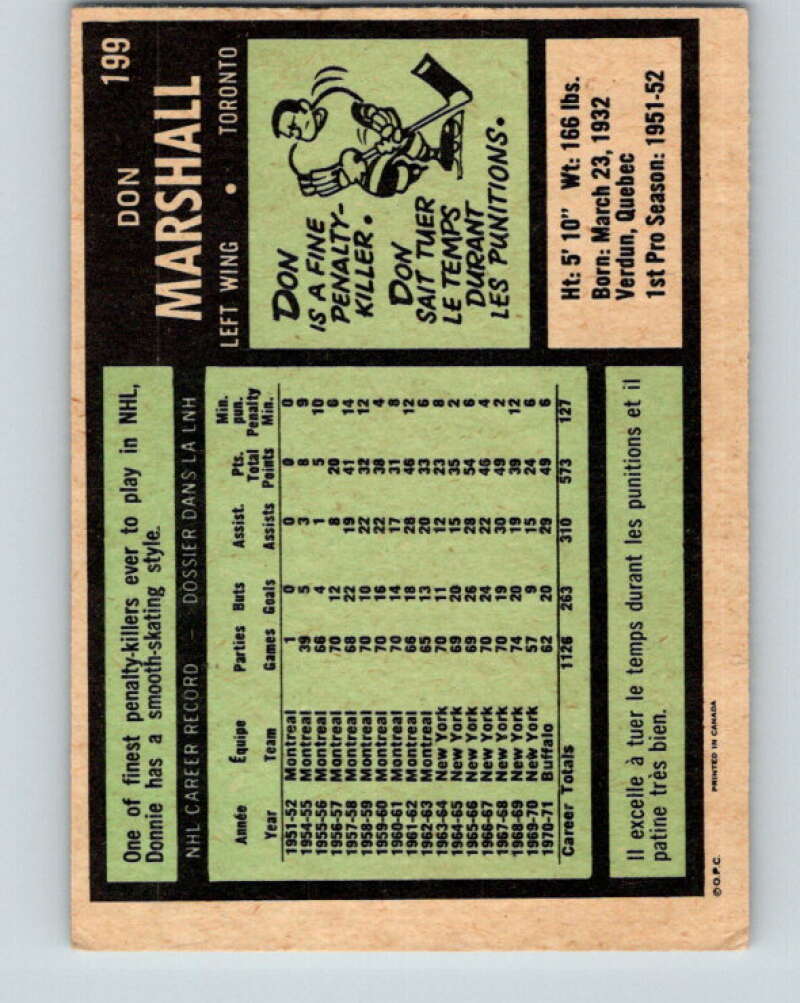 1971-72 O-Pee-Chee #199 Don Marshall  Toronto Maple Leafs  V9604