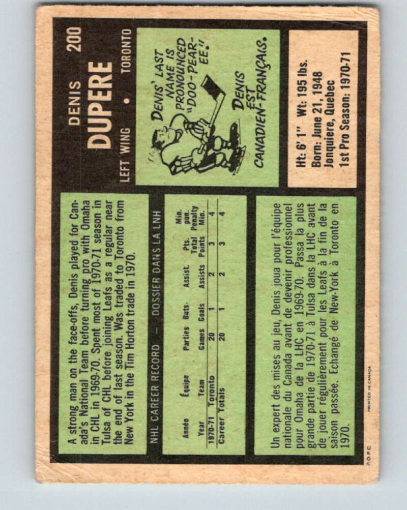 1971-72 O-Pee-Chee #200 Denis Dupere  RC Rookie Toronto Maple Leafs  V9607
