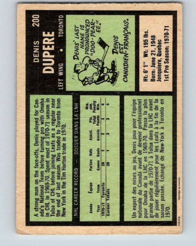 1971-72 O-Pee-Chee #200 Denis Dupere  RC Rookie Toronto Maple Leafs  V9608