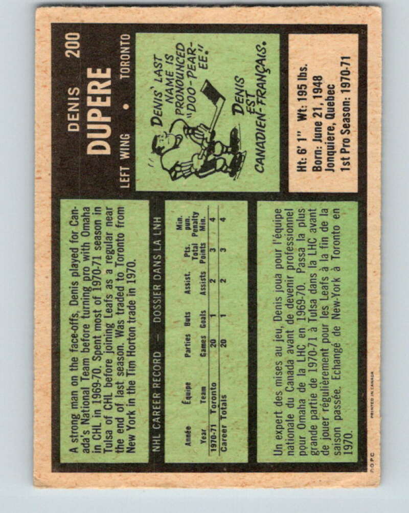 1971-72 O-Pee-Chee #200 Denis Dupere  RC Rookie Toronto Maple Leafs  V9610