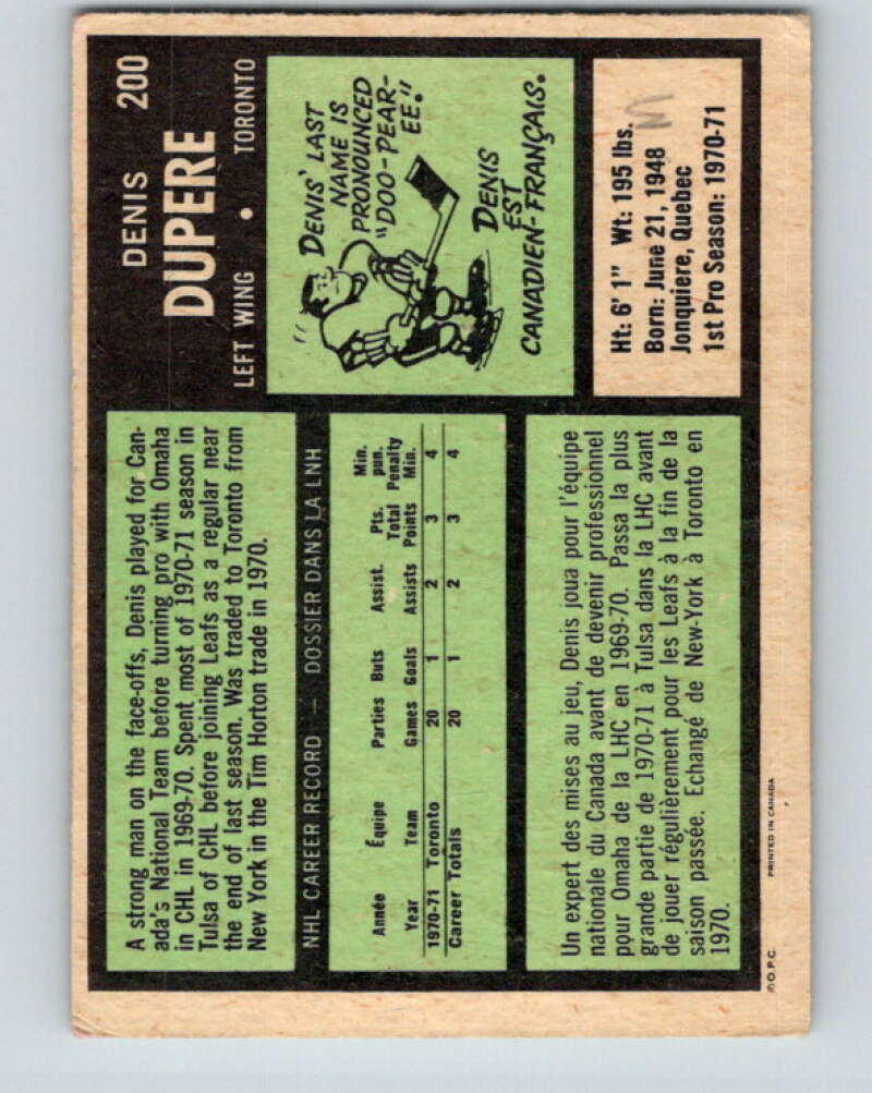 1971-72 O-Pee-Chee #200 Denis Dupere  RC Rookie Toronto Maple Leafs  V9612