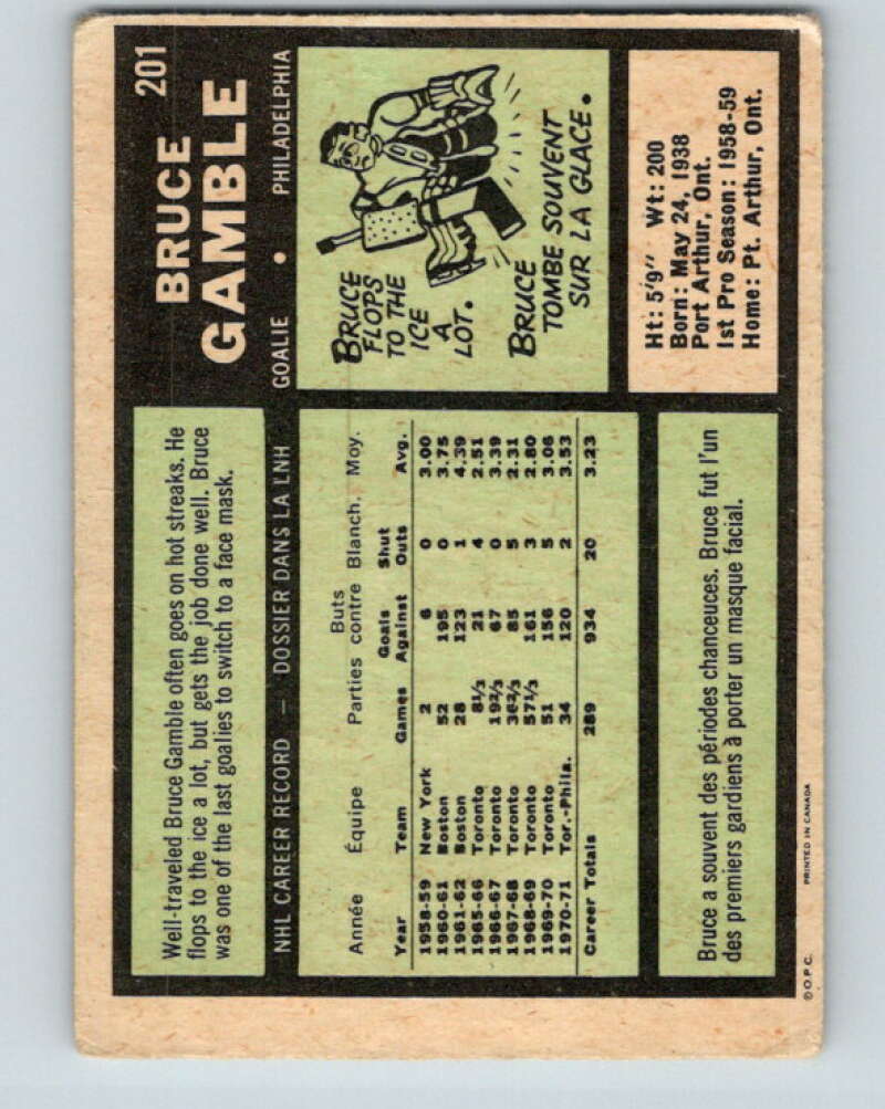 1971-72 O-Pee-Chee #201 Bruce Gamble  Philadelphia Flyers  V9617