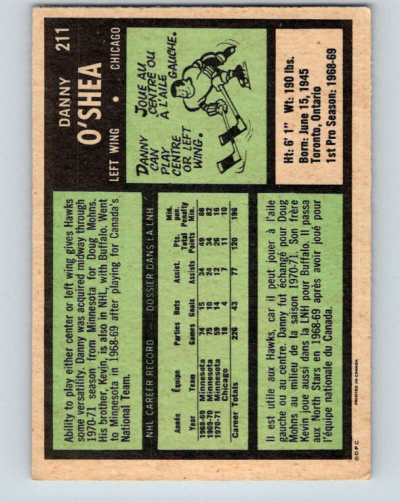 1971-72 O-Pee-Chee #211 Danny O'Shea  Chicago Blackhawks  V9652