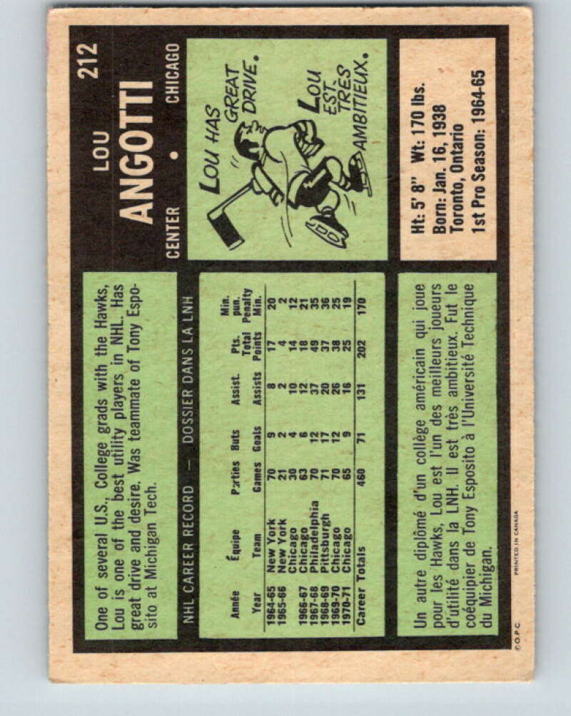 1971-72 O-Pee-Chee #212 Lou Angotti  Chicago Blackhawks  V9655