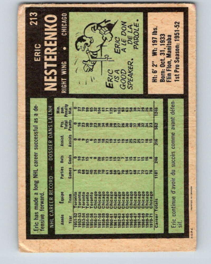 1971-72 O-Pee-Chee #213 Eric Nesterenko  Chicago Blackhawks  V9658