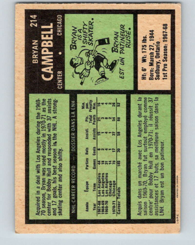 1971-72 O-Pee-Chee #214 Bryan Campbell  Chicago Blackhawks  V9665