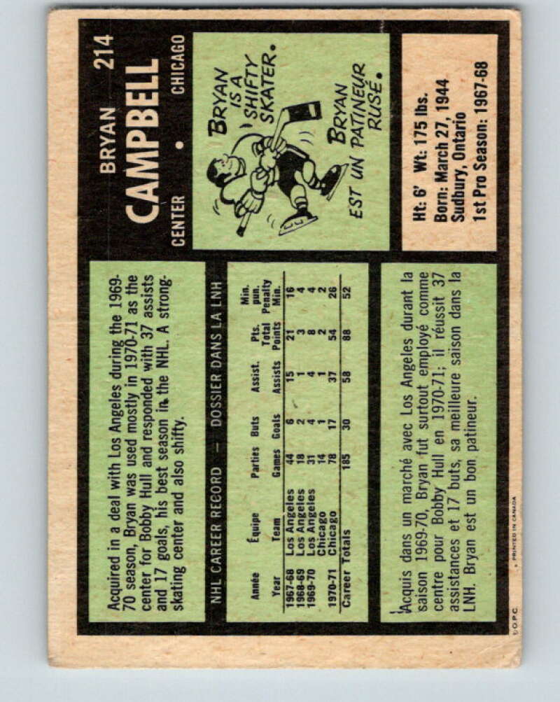 1971-72 O-Pee-Chee #214 Bryan Campbell  Chicago Blackhawks  V9666