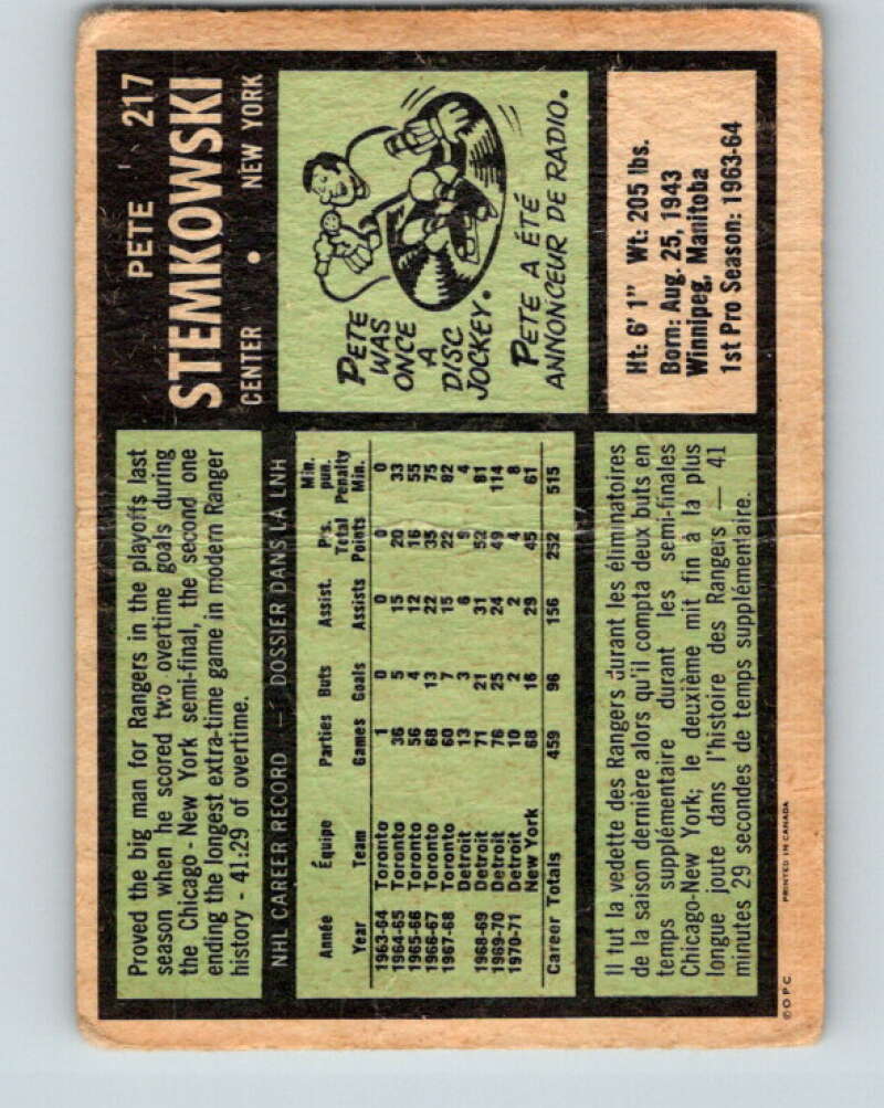 1971-72 O-Pee-Chee #217 Pete Stemkowski  New York Rangers  V9670