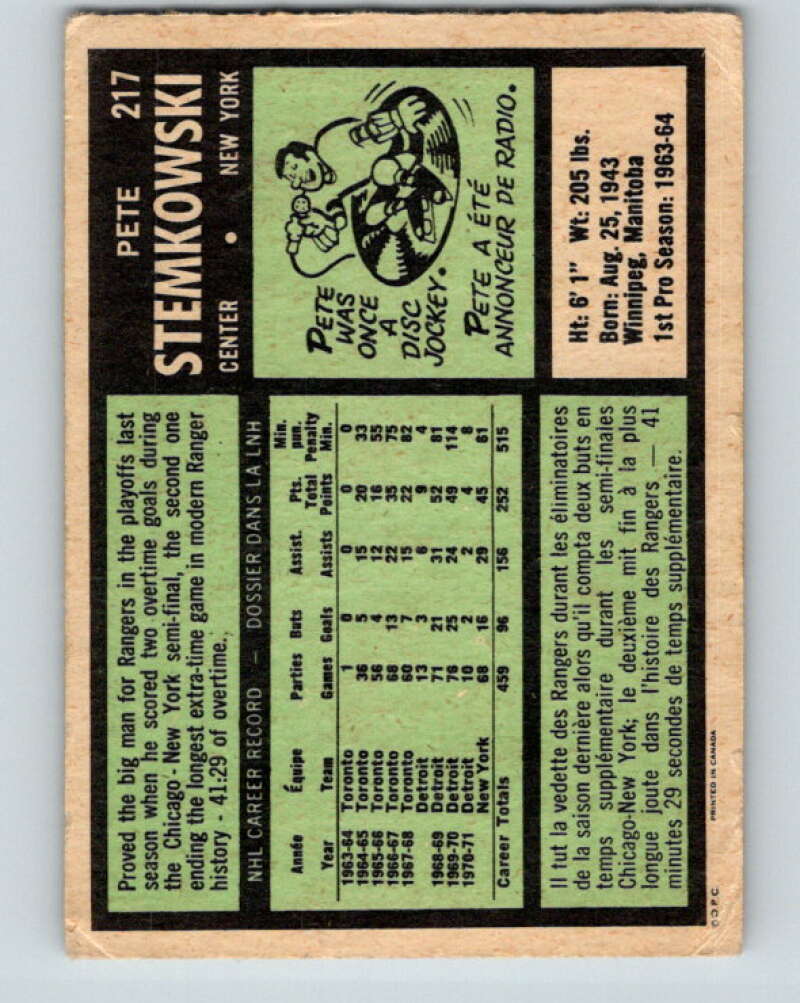 1971-72 O-Pee-Chee #217 Pete Stemkowski  New York Rangers  V9672