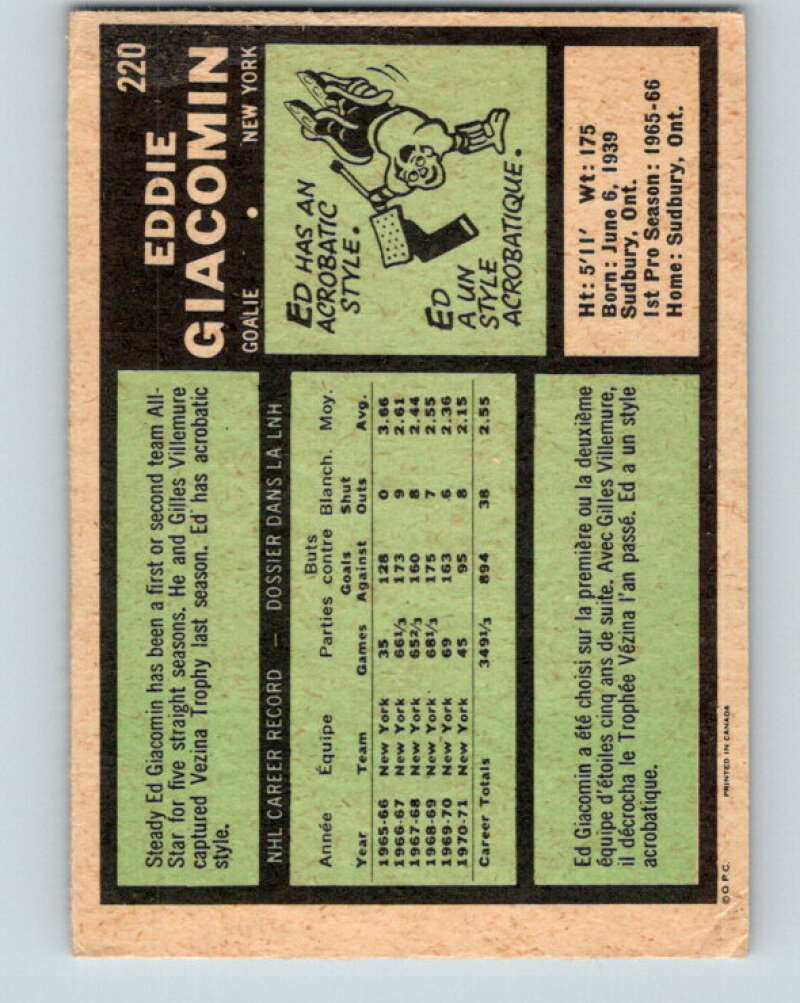 1971-72 O-Pee-Chee #220 Ed Giacomin  New York Rangers  V9677