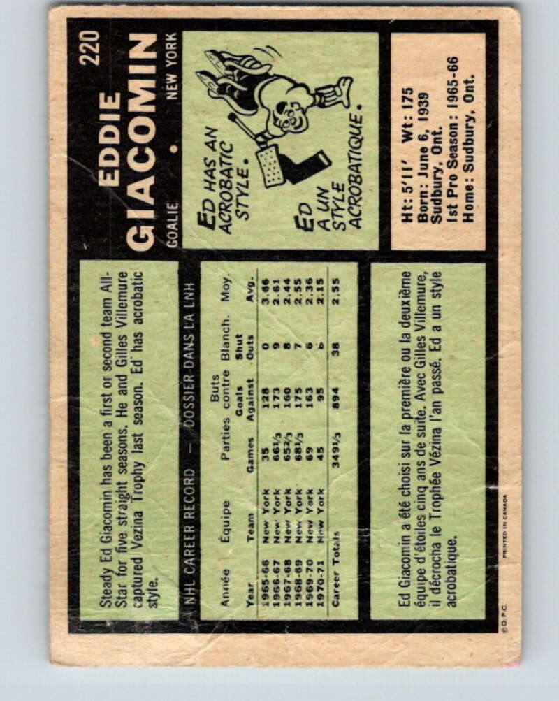 1971-72 O-Pee-Chee #220 Ed Giacomin  New York Rangers  V9681