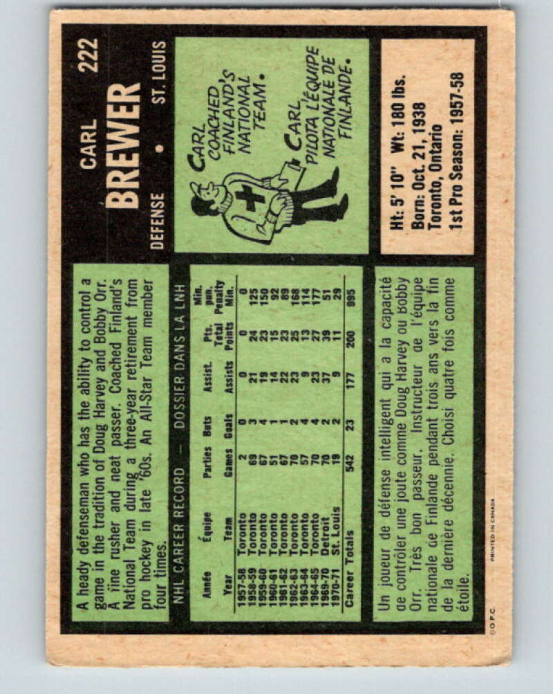 1971-72 O-Pee-Chee #222 Carl Brewer  St. Louis Blues  V9687