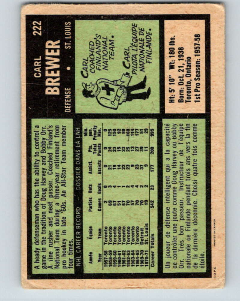 1971-72 O-Pee-Chee #222 Carl Brewer  St. Louis Blues  V9689