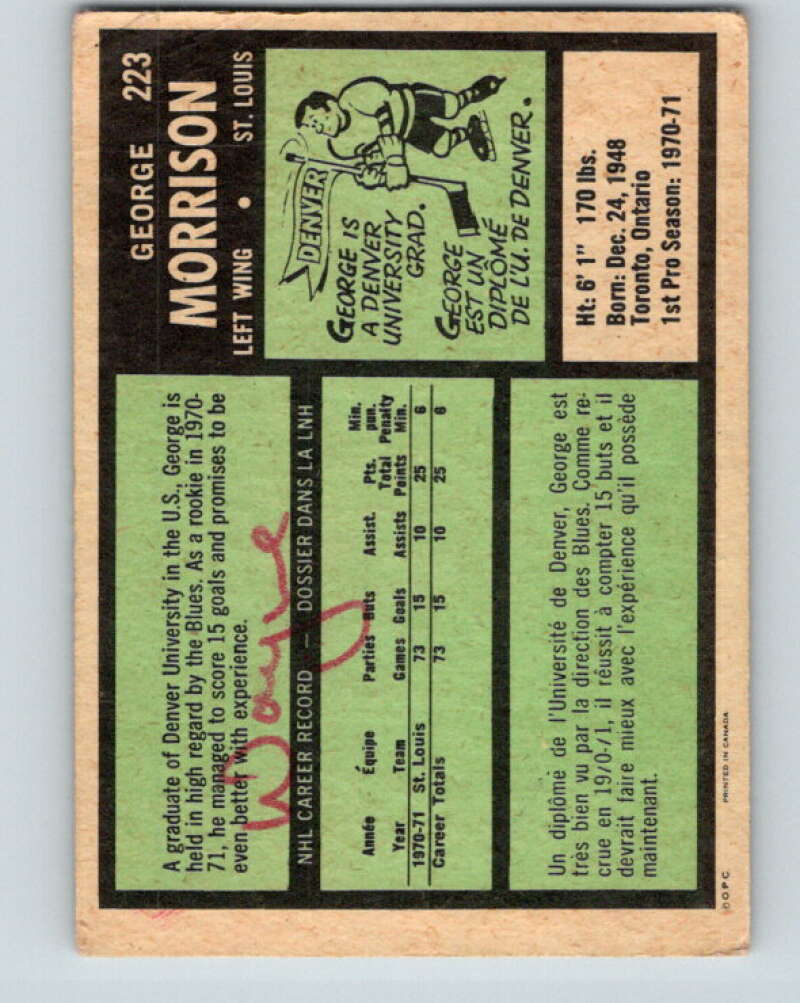 1971-72 O-Pee-Chee #223 George Morrison  RC Rookie St. Louis Blues  V9694