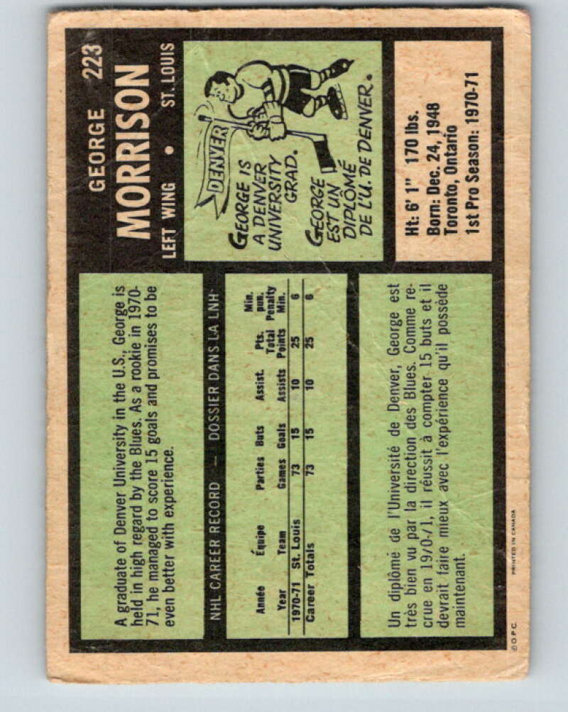 1971-72 O-Pee-Chee #223 George Morrison  RC Rookie St. Louis Blues  V9695