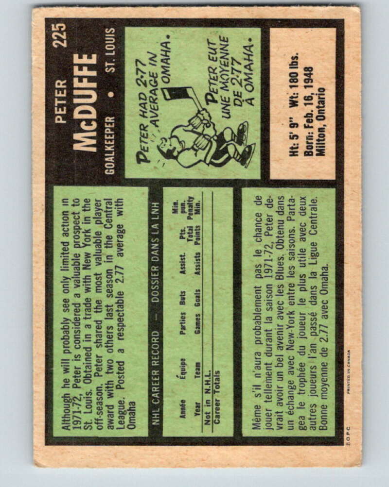1971-72 O-Pee-Chee #225 Peter McDuffe  RC Rookie St. Louis Blues  V9700