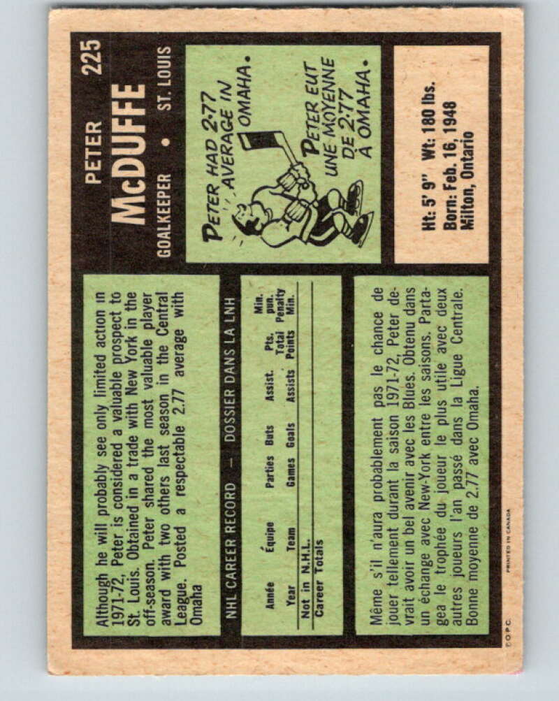 1971-72 O-Pee-Chee #225 Peter McDuffe  RC Rookie St. Louis Blues  V9702