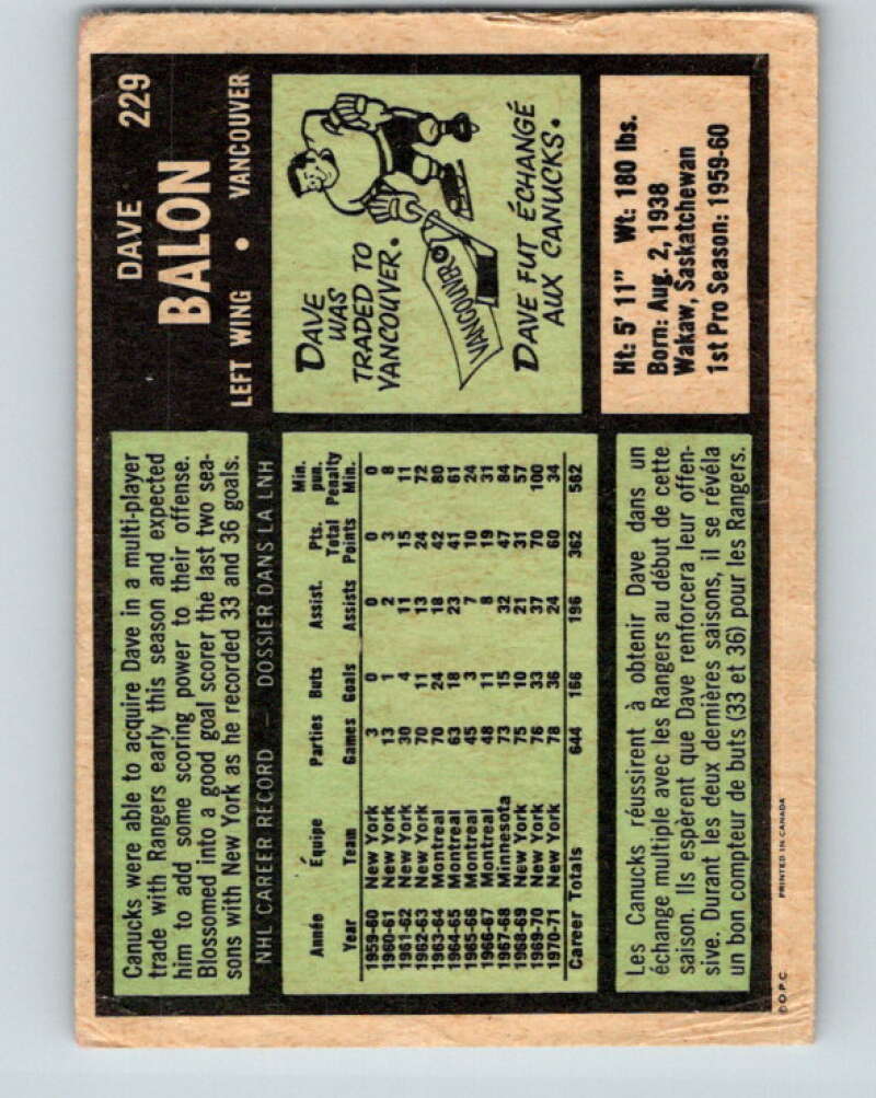 1971-72 O-Pee-Chee #229 Dave Balon  Vancouver Canucks  V9714