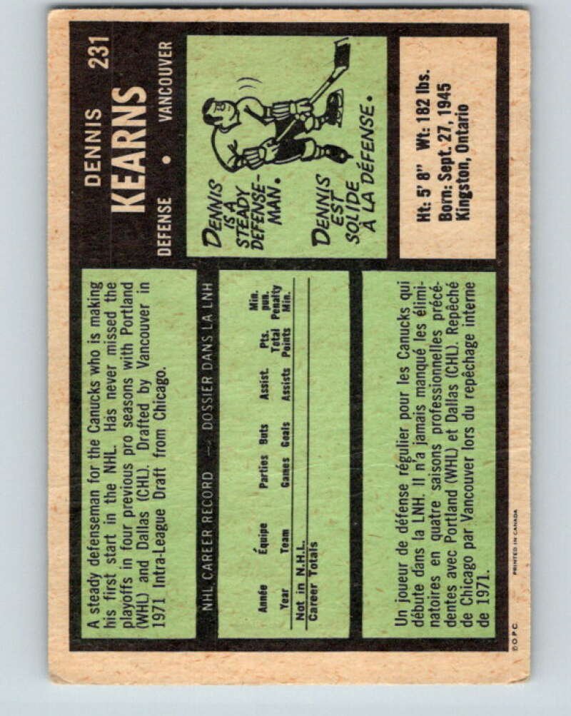 1971-72 O-Pee-Chee #231 Dennis Kearns  RC Rookie Vancouver Canucks  V9727