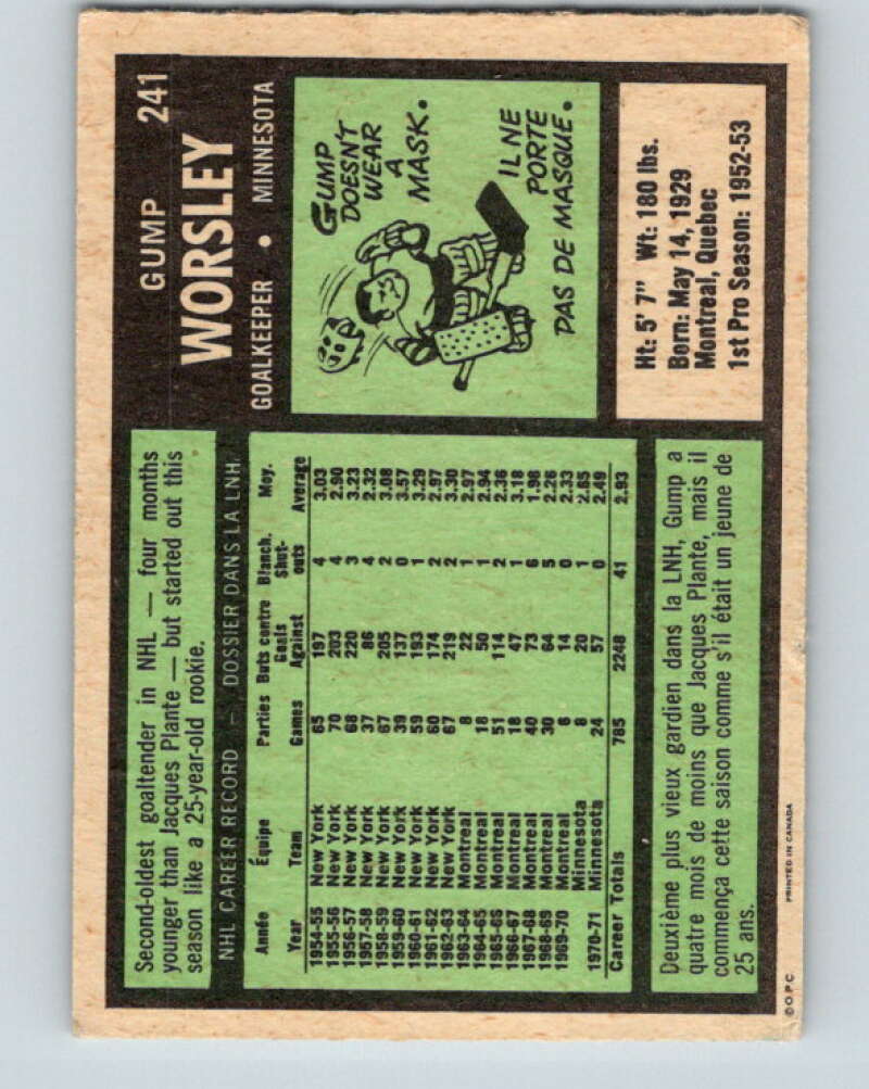 1971-72 O-Pee-Chee #241 Gump Worsley  Minnesota North Stars  V9770