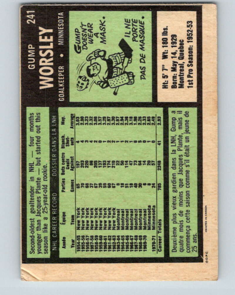 1971-72 O-Pee-Chee #241 Gump Worsley  Minnesota North Stars  V9772