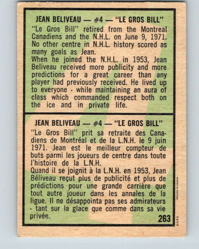 1971-72 O-Pee-Chee #263 Jean Beliveau  Montreal Canadiens  V9958