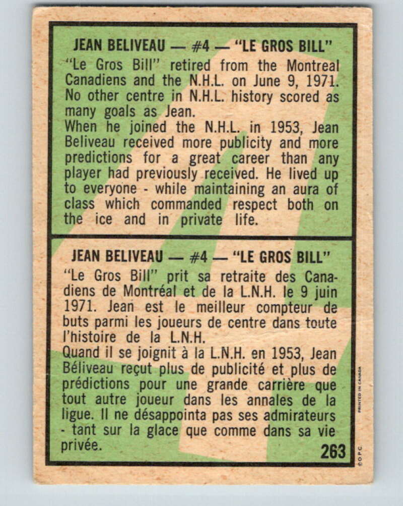 1971-72 O-Pee-Chee #263 Jean Beliveau  Montreal Canadiens  V9960