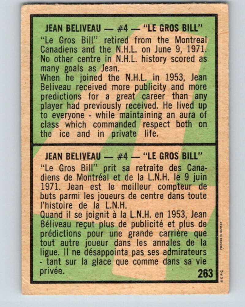 1971-72 O-Pee-Chee #263 Jean Beliveau  Montreal Canadiens  V9962