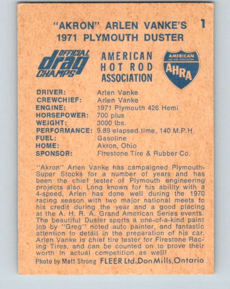 1971 Fleer AHRA Drag Champs #1 Arlen Vanke's  V10290