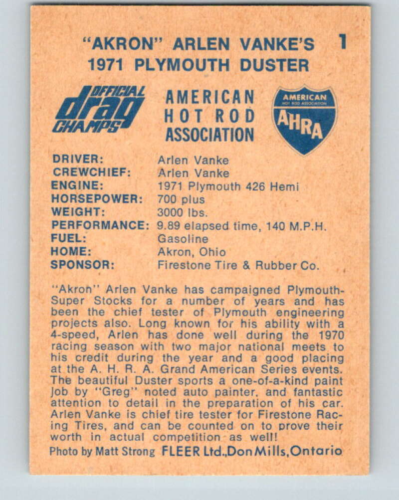 1971 Fleer AHRA Drag Champs #1 Arlen Vanke's  V10291