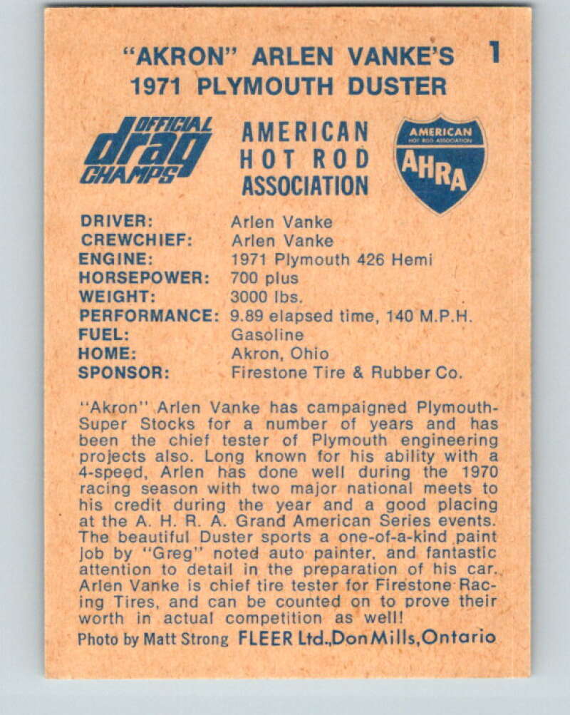 1971 Fleer AHRA Drag Champs #1 Arlen Vanke's  V10292