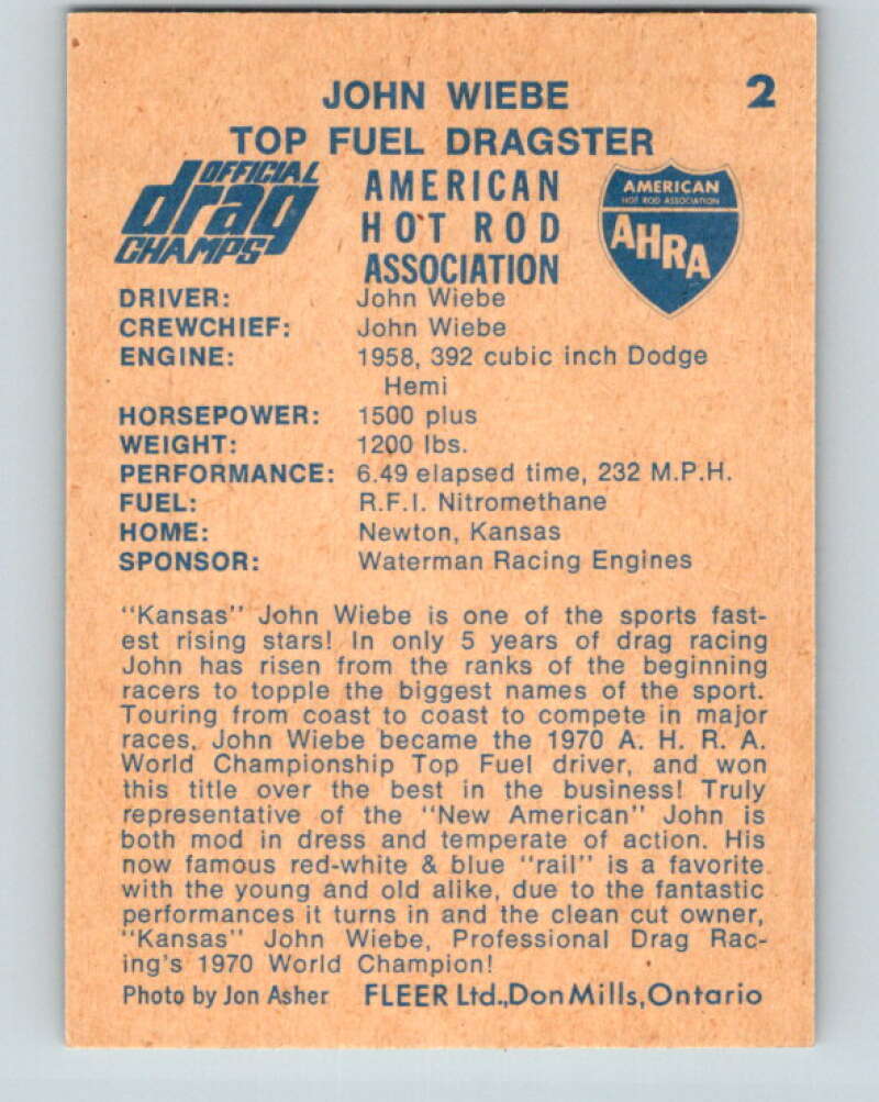 1971 Fleer AHRA Drag Champs #2 John Wiebe  V10293