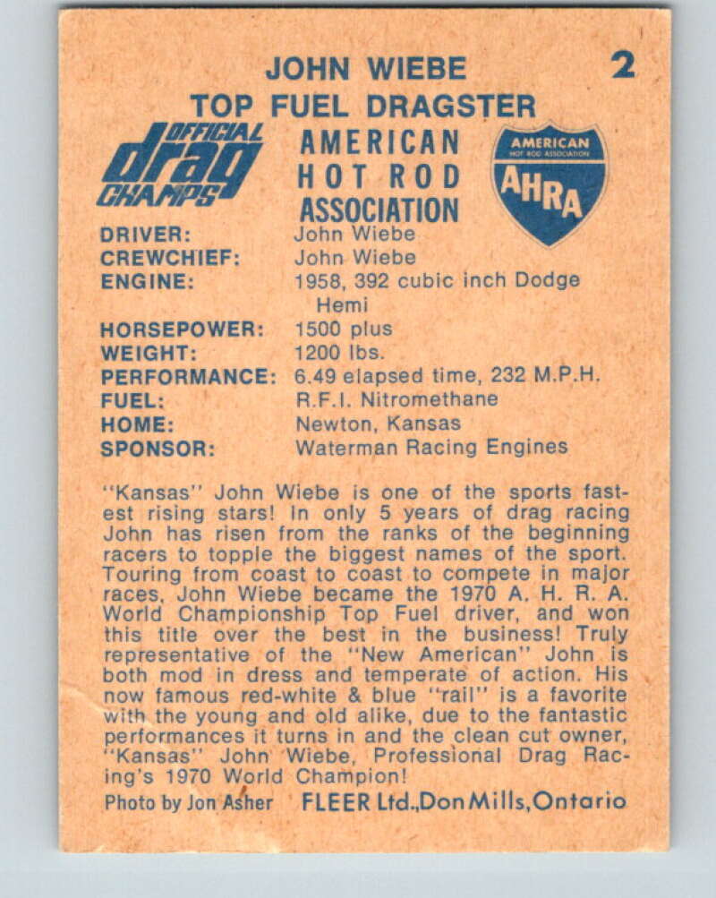 1971 Fleer AHRA Drag Champs #2 John Wiebe  V10294