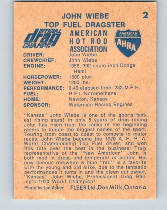 1971 Fleer AHRA Drag Champs #2 John Wiebe  V10294