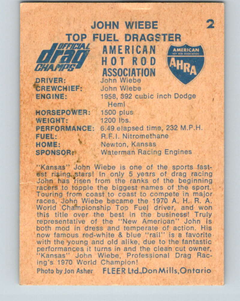 1971 Fleer AHRA Drag Champs #2 John Wiebe  V10295