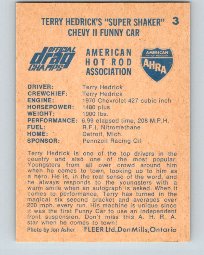 1971 Fleer AHRA Drag Champs #3 Terry Hedrick's  V10296