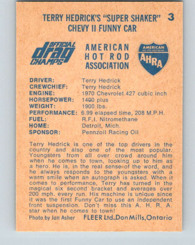 1971 Fleer AHRA Drag Champs #3 Terry Hedrick's  V10297