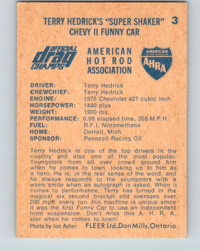 1971 Fleer AHRA Drag Champs #3 Terry Hedrick's  V10298