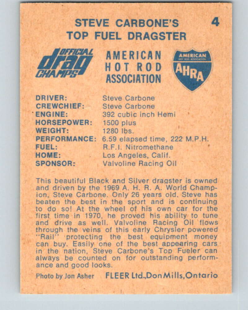 1971 Fleer AHRA Drag Champs #4 Steve Carbone's  V10299