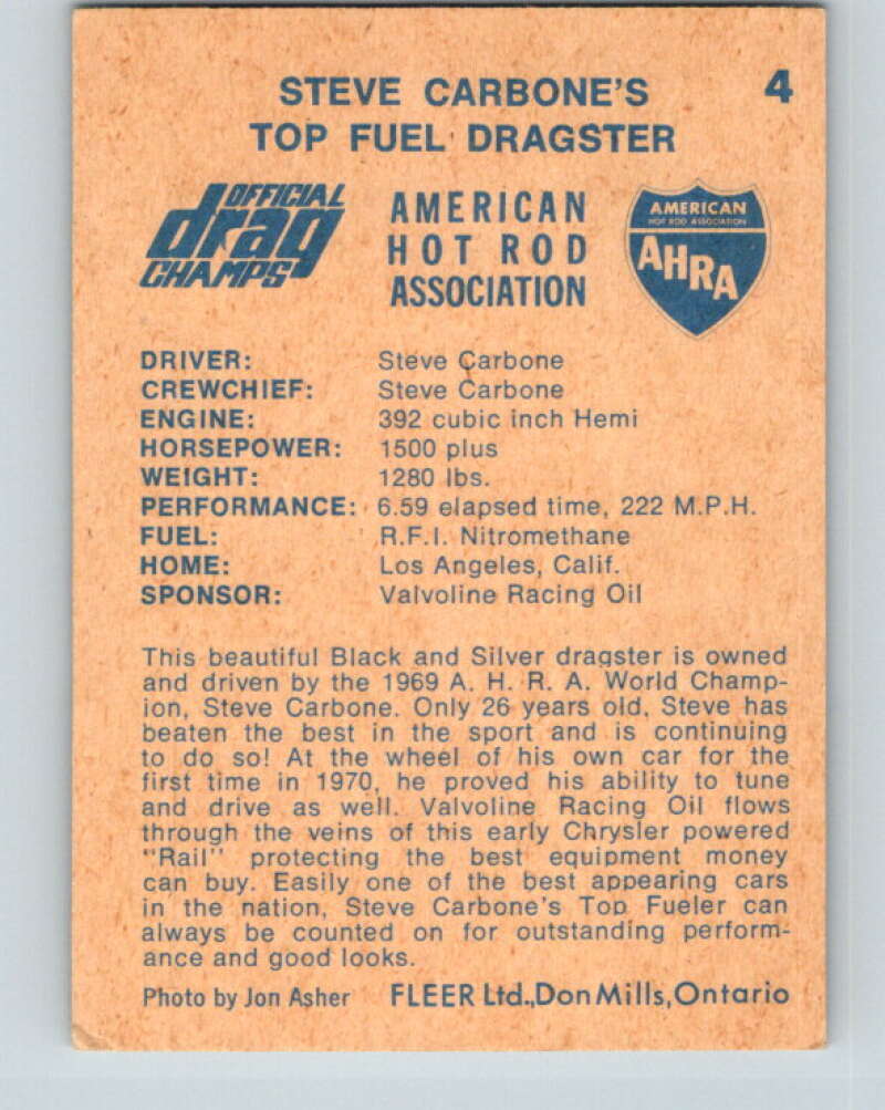 1971 Fleer AHRA Drag Champs #4 Steve Carbone's  V10300