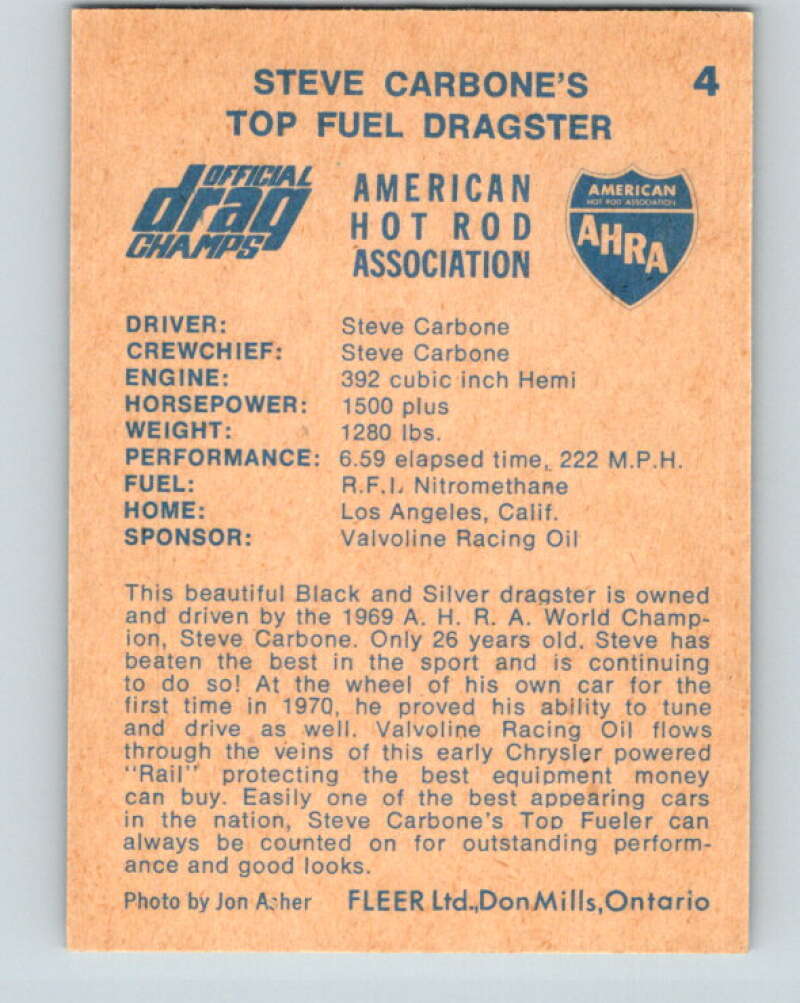 1971 Fleer AHRA Drag Champs #4 Steve Carbone's  V10301