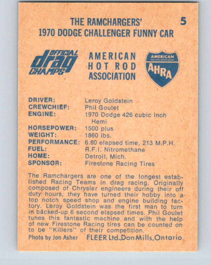 1971 Fleer AHRA Drag Champs #5 The Ramchargers  V10302